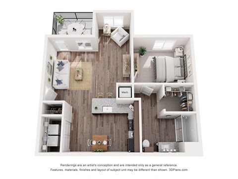 Floor plan for 1 bed, 1 bath, 769 sqft